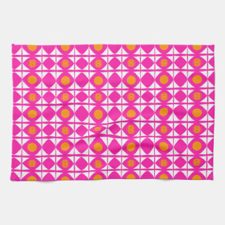 Modern desHot pink and orange sun with white sails Tea Towel