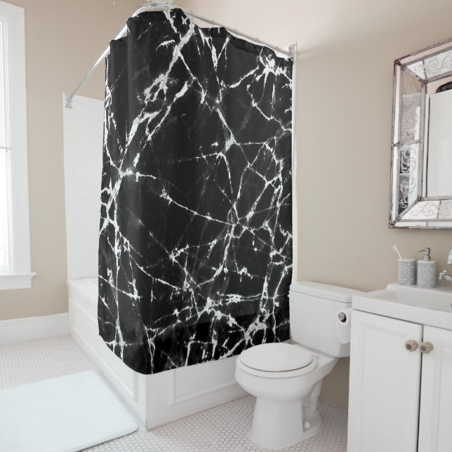 Modern Design Black Marble White Accents Shower Curtain (In Situ)