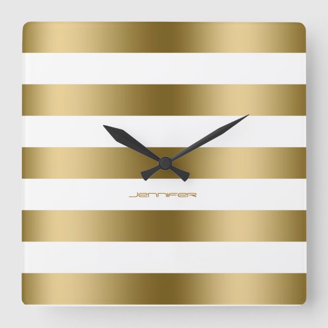 Modern Design Gold Stripes Over White Background Square Wall Clock (Front)
