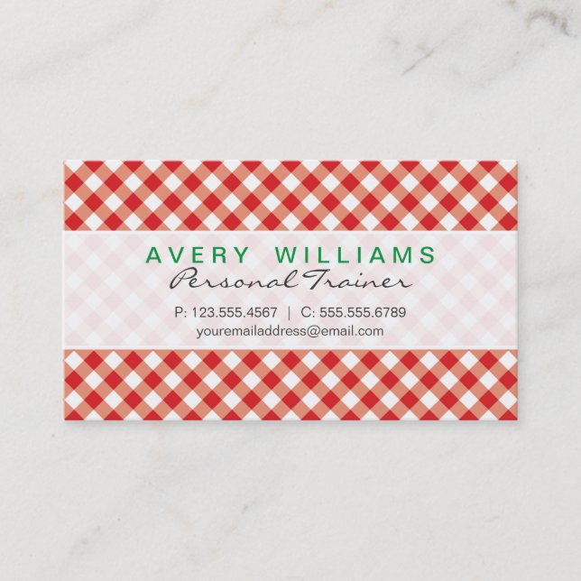 Modern Design, Green, Red & White Country Gingham Business Card (Front)