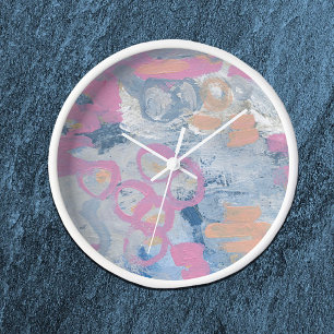Modern Design Grey Pink Abstract  White Frame Clock