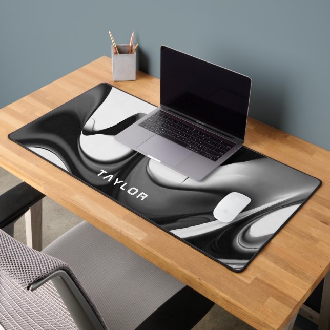 Modern Design Liquid Shapes, Black White Grey Name Desk Mat (Office 2)