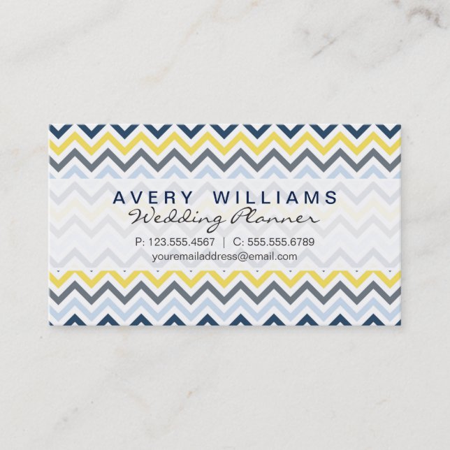 Modern Design, Navy Blue, Yellow, & Grey Chevron Business Card (Front)