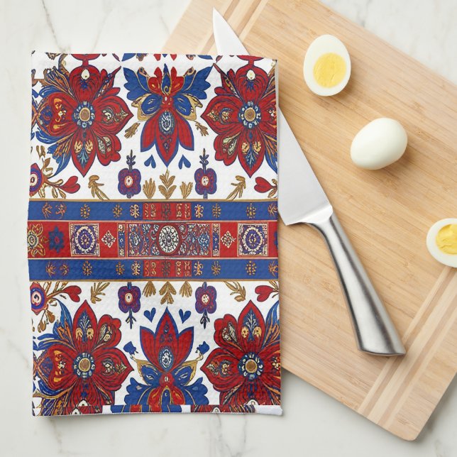 Modern designed inspired Serbian ethnic seamless Tea Towel (Quarter Fold)