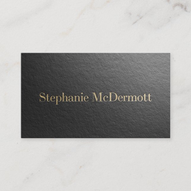 Modern Designer Minimal Black & Gold Embossed Text Business Card (Front)