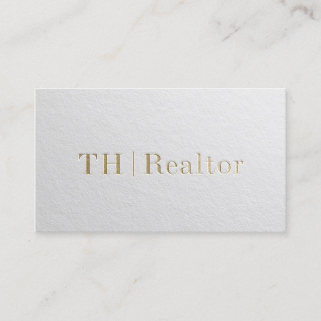 Modern Designer Minimal White & Gold Embossed Text Business Card (Front)