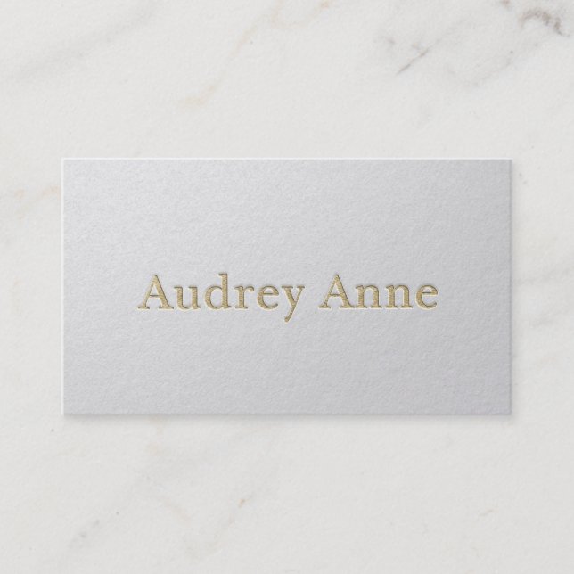 Modern Designer Minimal White & Gold Embossed Text Business Card (Front)