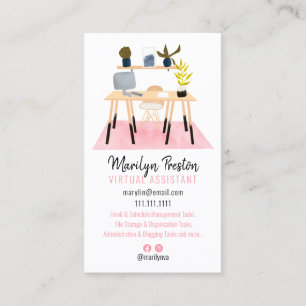 Modern desk scene illustration virtual assistant business card