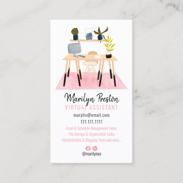 Modern desk scene illustration virtual assistant business card (Front)
