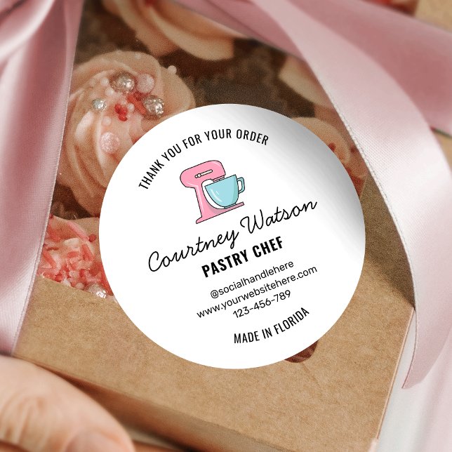 Modern Dessert Bakery Thank You For Order Label (Trendy pastry chef packaging sticker with contact details in mixer illustration)