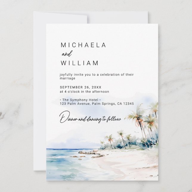 Modern Destination Watercolor Beach Wedding Invitation (Front)