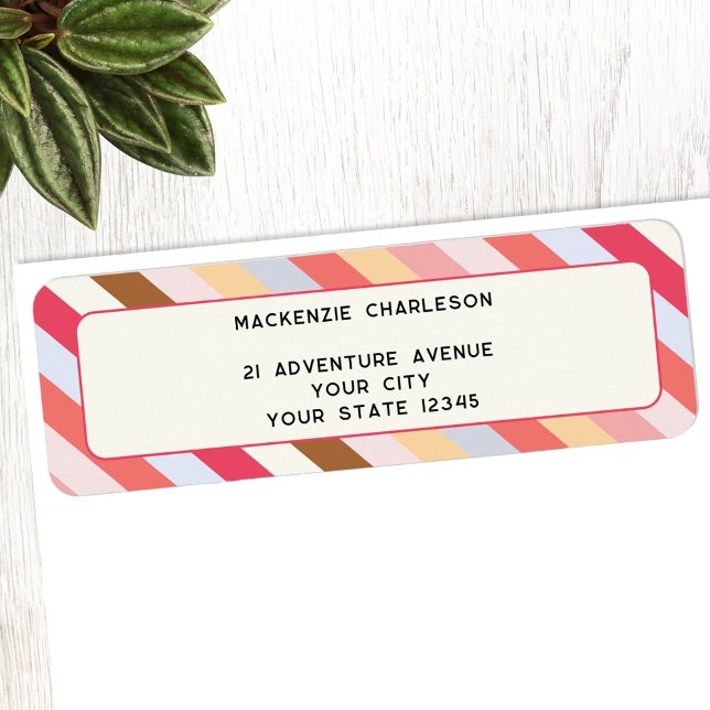 Modern Diagonal Candy Stripe Return Address Label (Warm diagonal candy striped personalized return address label)