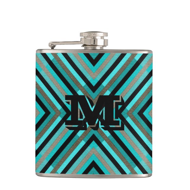 Modern Diagonal Chequered Shades of Green, Monogra Hip Flask (Front)