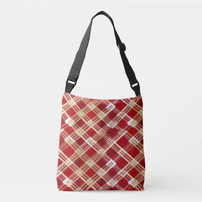 Modern Diagonal Red and White Plaid Pattern Crossbody Bag (Front)