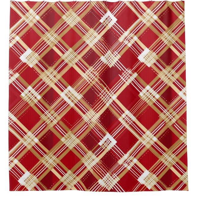Modern Diagonal Red and White Plaid Pattern Shower Curtain (Front)