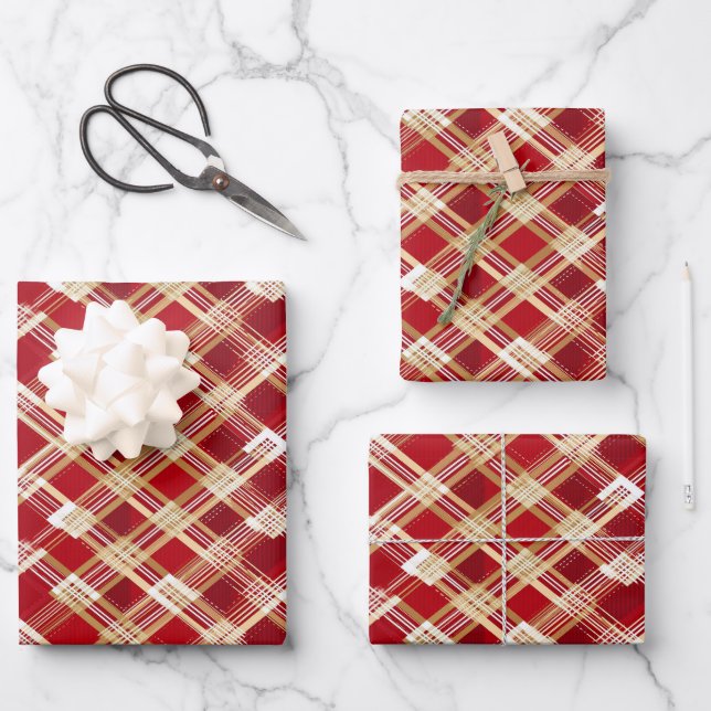 Modern Diagonal Red and White Plaid Pattern Wrapping Paper Sheet (Front)