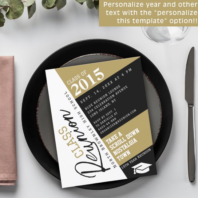Modern Diagonal School Class Reunion Invitation (Black, white and tan school class reunion design)