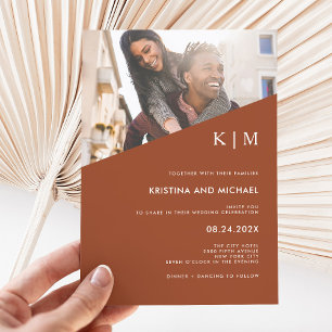 Modern Diagonal Terracotta Photo Wedding Invitation