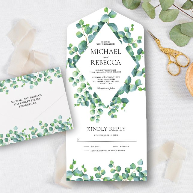 Modern Diamond Frame Eucalyptus Leaves Wedding All In One Invitation (Creator Uploaded)