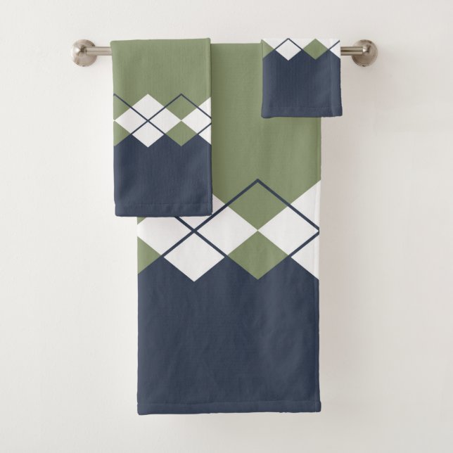 Modern, diamond pattern, olive green, navy blue bath towel set (Insitu)