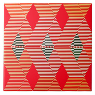 Modern Diamond Warp Print, Coral Orange Ceramic Tile