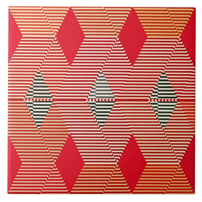 Modern Diamond Warp Print, Coral Orange Ceramic Tile (Front)