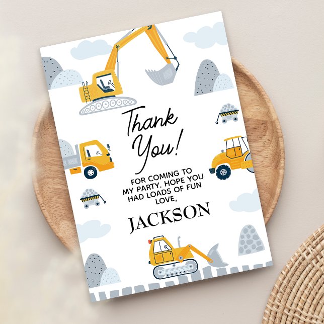 Modern Dig Up Some Fun Construction Birthday Thank You Card (Boys Construction Birthday Thank You Card, Yellow Grey Construction Themed Birthday Thank You Card)