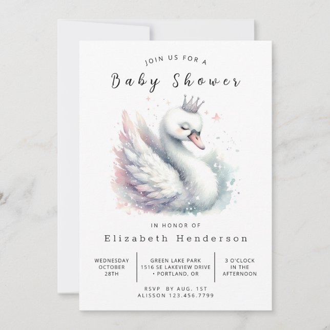 Modern Digital Swan Baby Shower Invitation (Front)