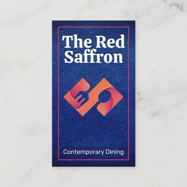 Modern Dining Logo | Blue Leather Business Card (Front)