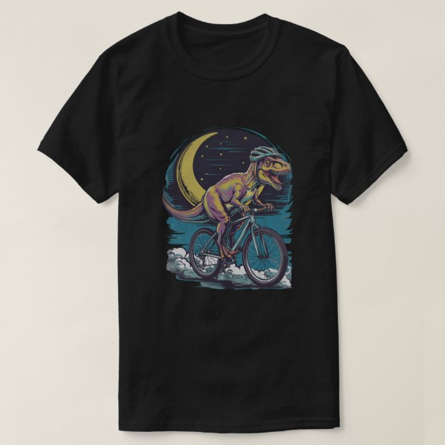 Modern Dinosaur on a Bike In Sky With Moon Funny   T-Shirt (Design Front)