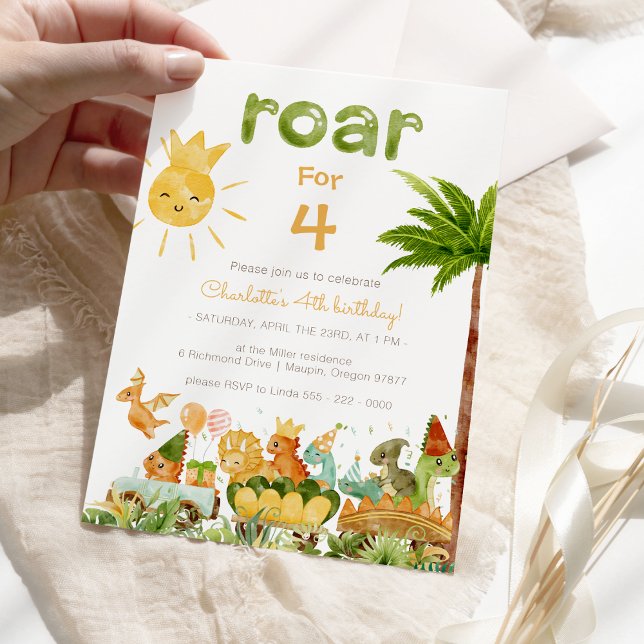 Modern Dinosaur Roar For Four 4th Birthday Party Invitation (Creator Uploaded)
