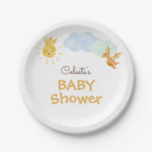 Modern Dinosaur White Baby Shower Paper Plates