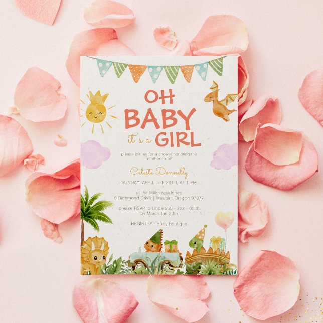 Modern Dinosaur White Oh Baby Girl Shower Invitation (Creator Uploaded)