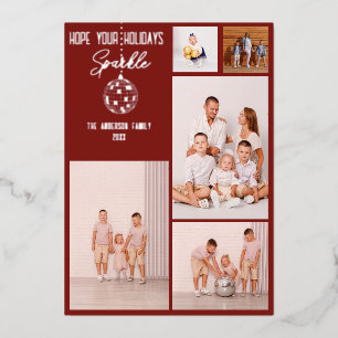 Modern Disco Ball Family Photo Collage Foil Holiday Card
