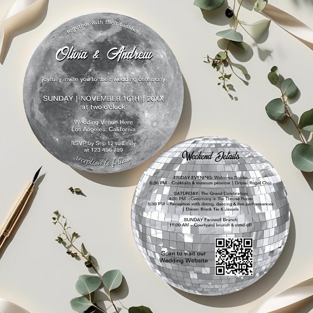 Modern Disco Ball QR Code Full Moon Wedding Invitation (Creator Uploaded)