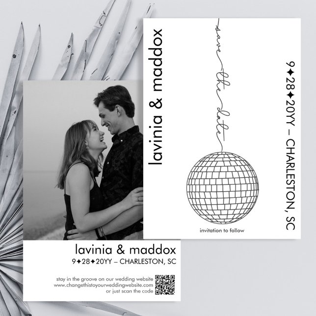 Modern Disco Black and White Photo QR Code Wedding Save The Date (Modern elegant disco wedding save the date in black and white with your photo and wedding website QR)