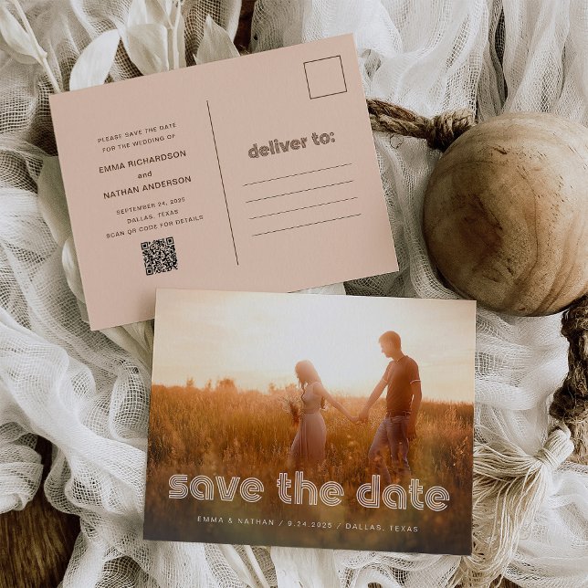 Modern Disco Text | Photo QR Code Save the Date Announcement Postcard (Creator Uploaded)