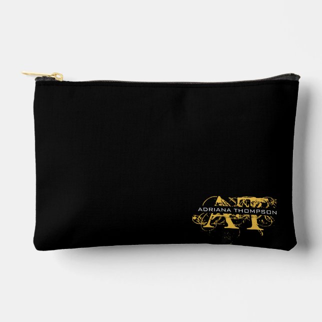 Modern Distressed Black & Gold Monogrammed Accessory Pouch (Front)