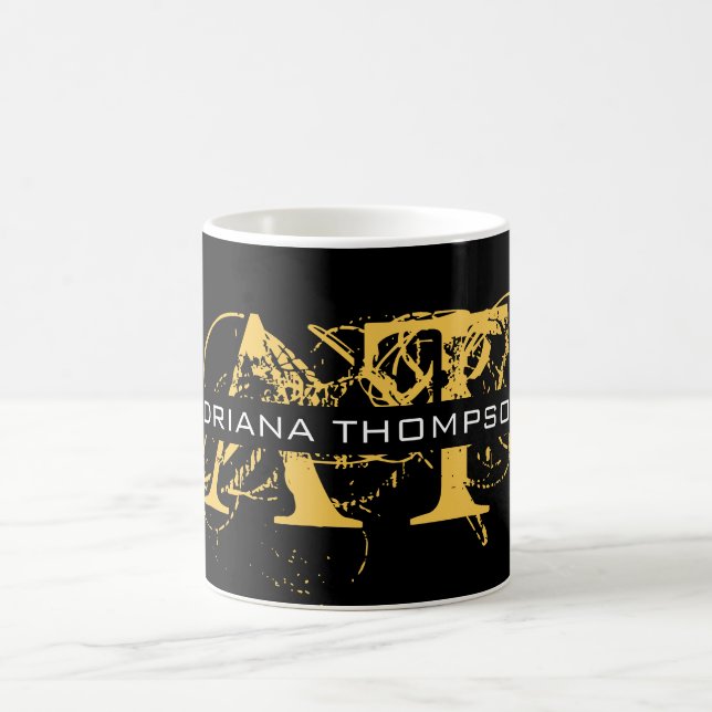 Modern Distressed Black & Gold Monogrammed Coffee Mug (Center)