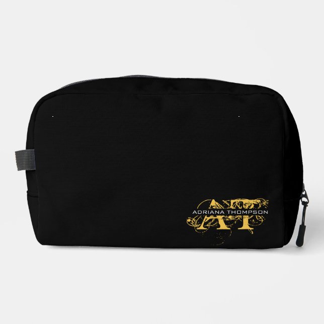 Modern Distressed Black & Gold Monogrammed Dopp Kit (Front)