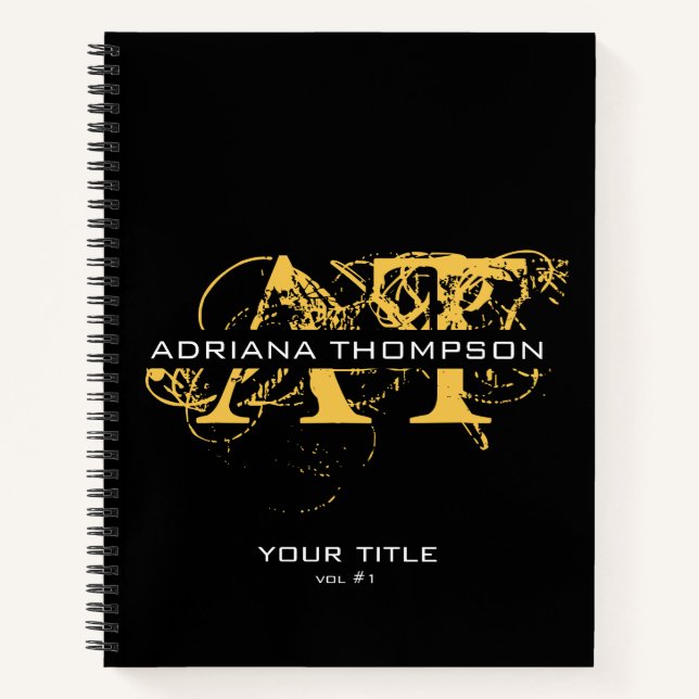 Modern Distressed Black & Gold Monogrammed Notebook (Front)