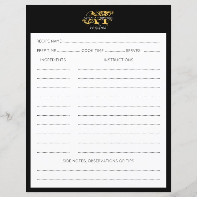 Modern Distressed Black & Gold Monogrammed Recipe (Back)