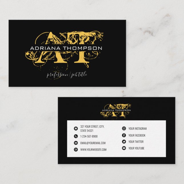 Modern Distressed Black Gold Social Media Business Card (Front/Back)