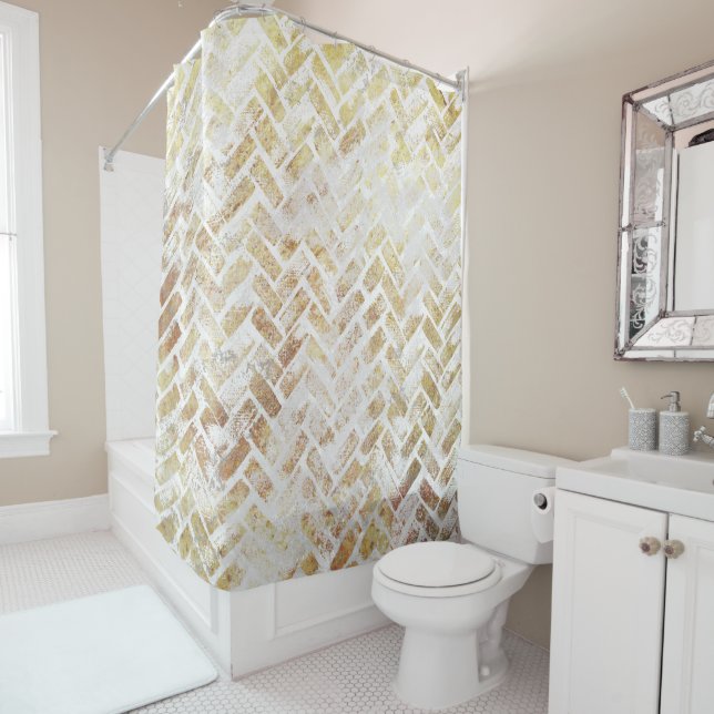 Modern Distressed Gold Pattern - Herringbone Shower Curtain (In Situ)