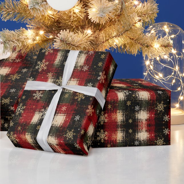 Modern Distressed Plaid Snowflake Pattern Wrapping Paper (Holidays)