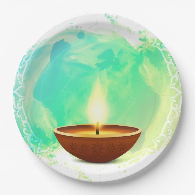 Modern Diwali Diya Green Watercolor Paper Plate (Front)