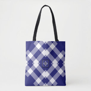 Modern Dk Blue White Purple Checked Shoulder Tote Bag