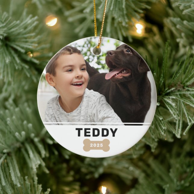 Modern Dog Bone Custom Puppy Name Photo Ceramic Ornament (Tree)