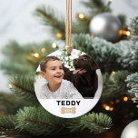 Modern Dog Bone Custom Puppy Name Photo Ornament<br><div class="desc">A simple and modern holiday ornament to commemorate the first Christmas with your puppy! Minimalist design features a favorite horizontal photo of your pup with their name personalized in black and a kraft tan colored dog bone that is customized with the year. Includes a clean white background. Same design appears...</div>