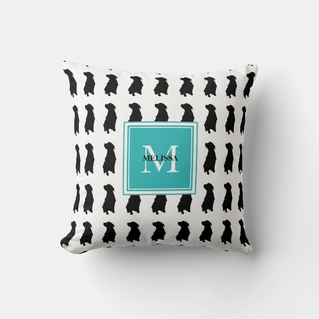 Modern dog dogs silhouette teal monogram name cushion (Front)